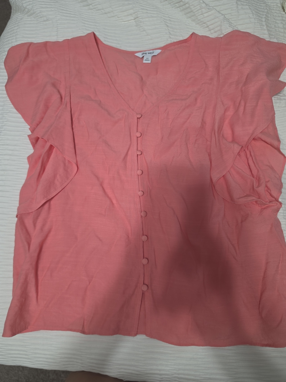 Nine West Coral Pink Button-Front Flutter Sleeve Blouse Size Medium
